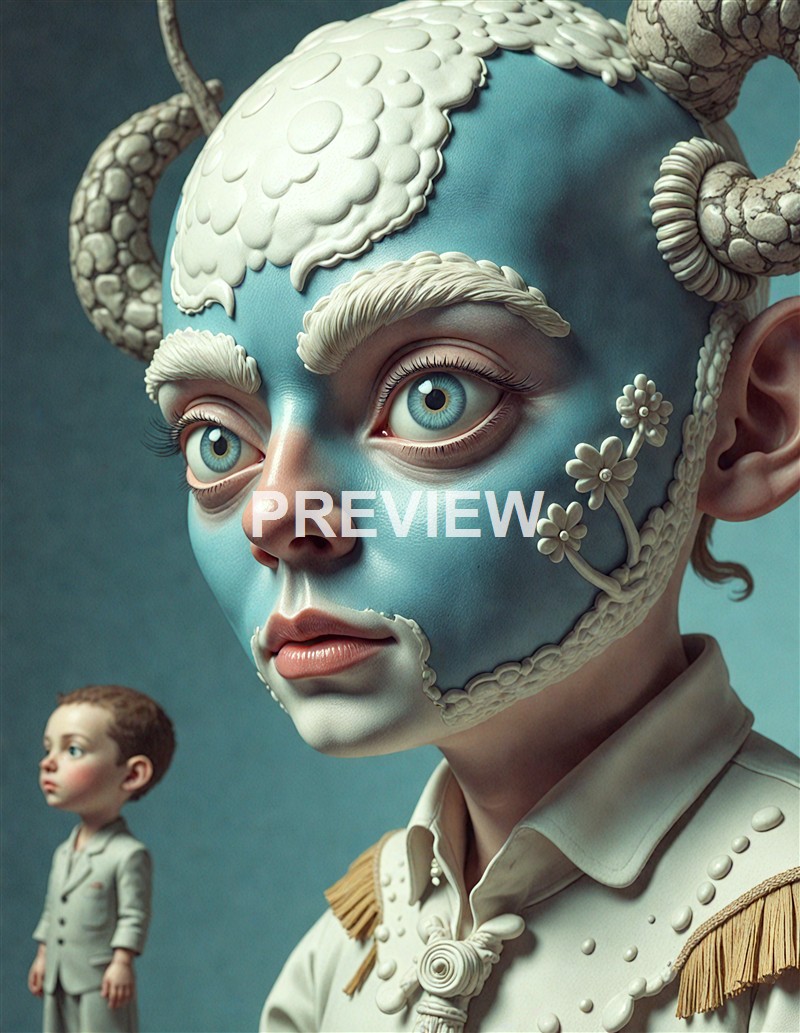 A surreal digital artwork of a young person with a face painted or sculpted to resemble a blue-skinned being with large, expressive eyes, white textured details on the head and face, and a small child in a suit standing in the background.